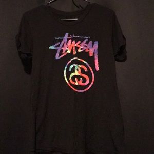 Stussy all black shirt with tie dye logo